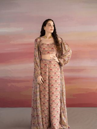 Beige Embroidered Jacket Set