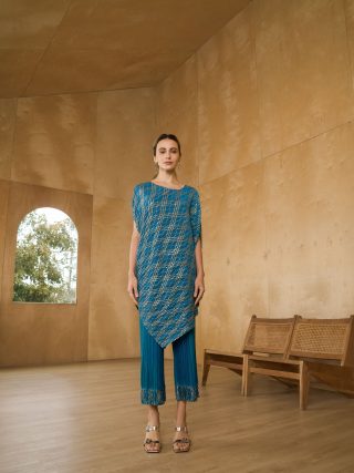 TEAL BLUE METALLIC KURTI DRAPE SET